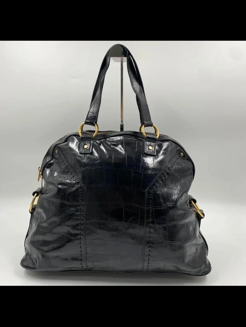 Saint Laurent Black Croc-Embossed Leather Tote with Gold Hardware